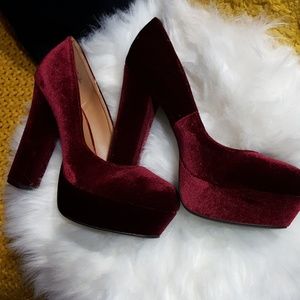 Velvet Burgundy Platform Chunky Heels, Size 8.5